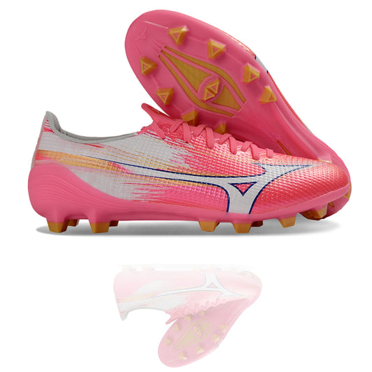 Botas de fútbol Mizuno Alpha FG Made in Japan rosa con suela y vista lateral completa